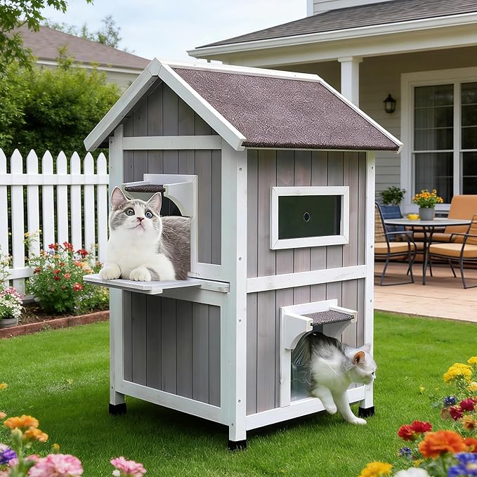 Rockever Outdoor Cat House, Large Outdoor Houses for Feral Cats with Self-Warming Mat Wooden Outside Cat Shelter Weatherproof with Escape Door