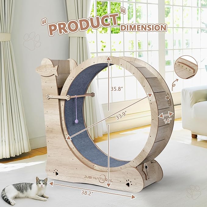 Cat Exercise Wheel, 33.9" Cat Running Wheel for Indoor Cat with Cat Scratching Board and Teaser Toy, Cat Treadmill Wheel with Locking Mechanism, Cat Exercise Wheel - Cat's Weight Loss and Health