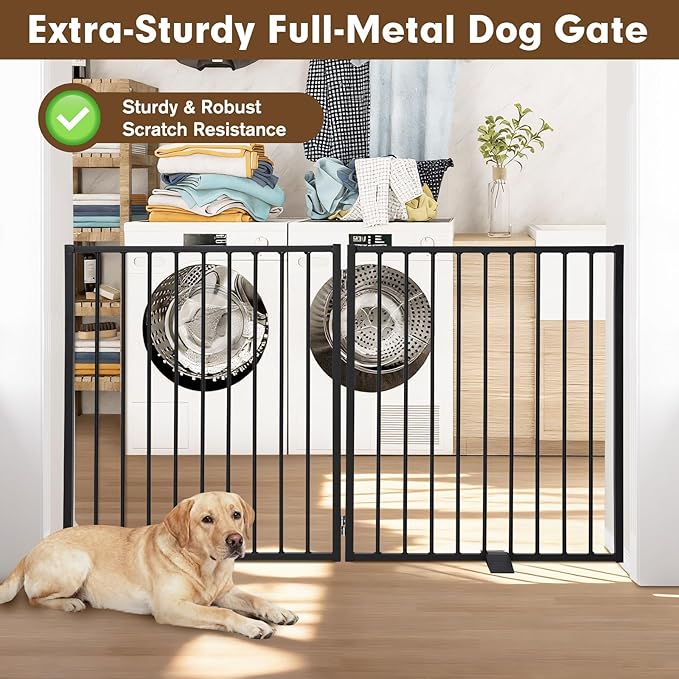 52" Extra Wide Dog Gate Indoor, Heavy Duty Metal Freestanding Dog Gate-Auto Close, Foldable Pet Fence – Anti-Topple Stability Feet for Stairs, Doorways,House,Porch,Deck,Yard(2 Panels,Black)