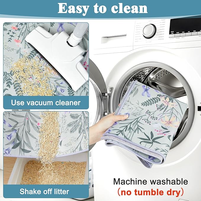 Bienbee Cat Litter Mat, 2PCS 33"x22" Machine Washable Litters Box Mats Non-Slip &Waterproof Cat Litters Trapping Mats Easy to Clean Mat for Litter Box Less Waste Protects Floors Green Leaves L