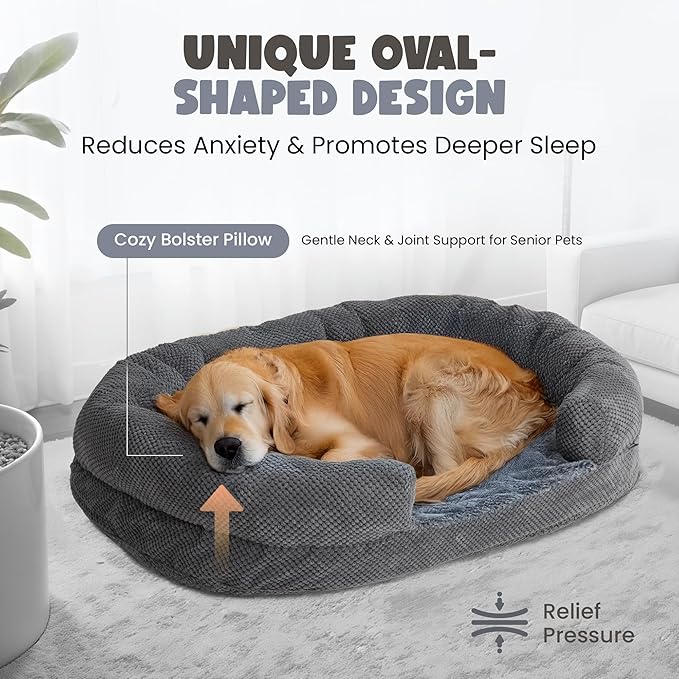 Orthopedic Dog Bed for Large Dogs, XL, 48 Inches, Oval Pet Bed with Memory Foam, Removable Washable Cover, Bolstered Sides, Non-Slip Bottom, Designed for Senior Dogs, Gray