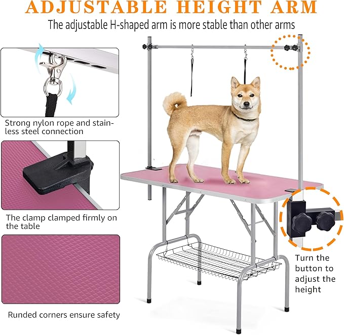 Professional Dog Pet Grooming Table Adjustable Heavy Duty Portable w/Arm & Noose & Mesh Tray (Pink, 42")
