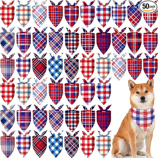Abbylike 50 Pcs Patriotic Plaid Dog Bandanas Bulk 4th of July Bandanas for Dogs Triangle Kerchief Bib Scarf Set for Pet Independence Day 250th Anniversary Party Costume, 25 Styles(25.6 x 17.7 x 17.7)