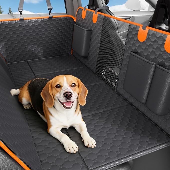 Dog Car Seat Cover for Back Seat Waterproof Oxford Fabric, Hard Bottom Seat Extender, Scratchproof, Anti-Slip, Dog Hammock for Car with Mesh Window, Fit Full Size Truck, Black Orange