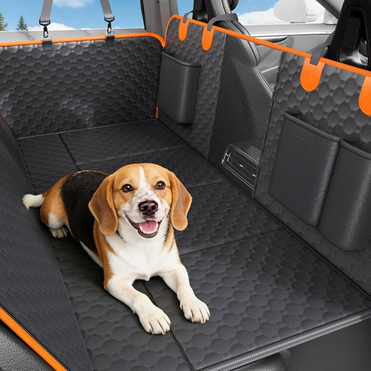 Dog Car Seat Cover for Back Seat Waterproof Oxford Fabric, Hard Bottom Seat Extender, Scratchproof, Anti-Slip, Dog Hammock for Car with Mesh Window, Fit Full Size Truck, Black Orange