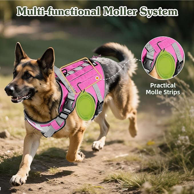 VavoPaw Heavy Duty Tactical Dog Harness for Large Dogs, No Pull Adjustable Pet Harness Reflective Service Training Easy Control Pet Vest Military K9 Working Dog Harnesses, Pink, S
