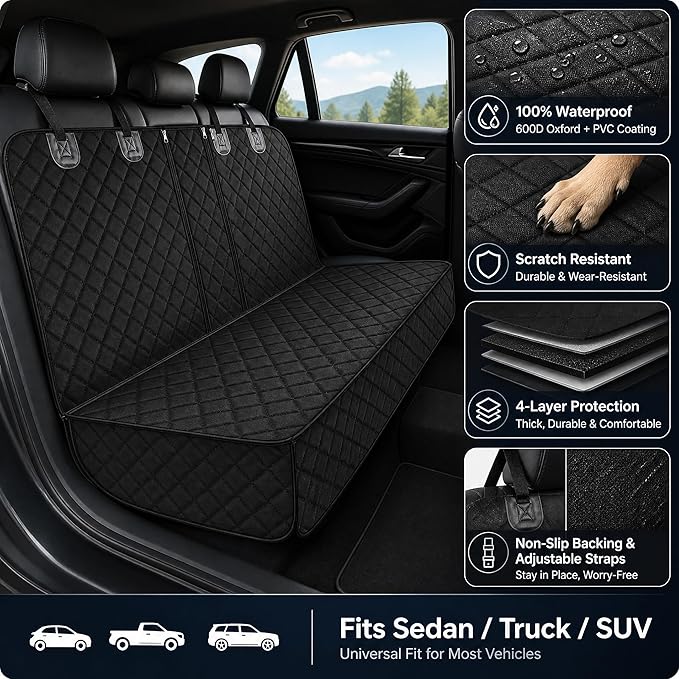 SNZ Dog Car Seat Cover for Back Seat, 100% Waterproof Pet Seat Protector, 600D Heavy Duty Bench Backseat Covers for Dogs, Scratch Proof Nonslip for Cars, Trucks, and SUVs