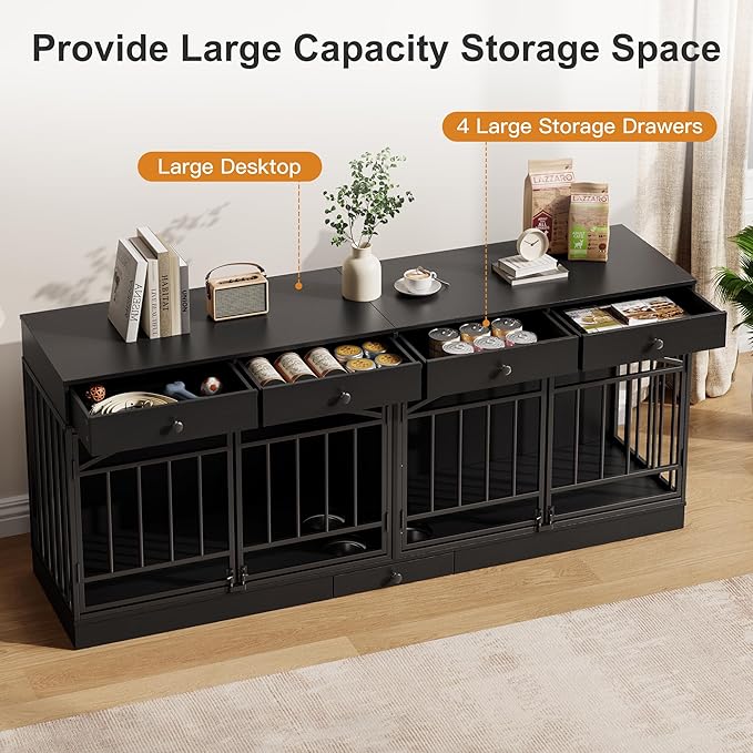 GarveeHome Dog Crate Furniture for 2 Dogs, Dog Kennel Indoor with 4 Storage Drawers and Feeding Bowls, Double Dog Crate TV Stand for Small Medium Dogs, Black