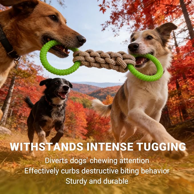 Tug of War Dog Toy - Rubber & Cotton Rope Toys for Dogs, Large Double Ring Dog Tug Toy, Interactive Dog Toys for Small Medium Large Dogs