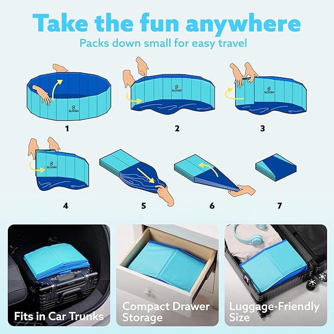 SLOOSH Foldable Dog Kiddie Pool - Portable Hard Plastic Doggie Swimming Pool, Anti-Slip Collapsible Pets Bath Tub Suitable for Kids Indoor Outdoor Backyard Use (Blue, 63" x 12")