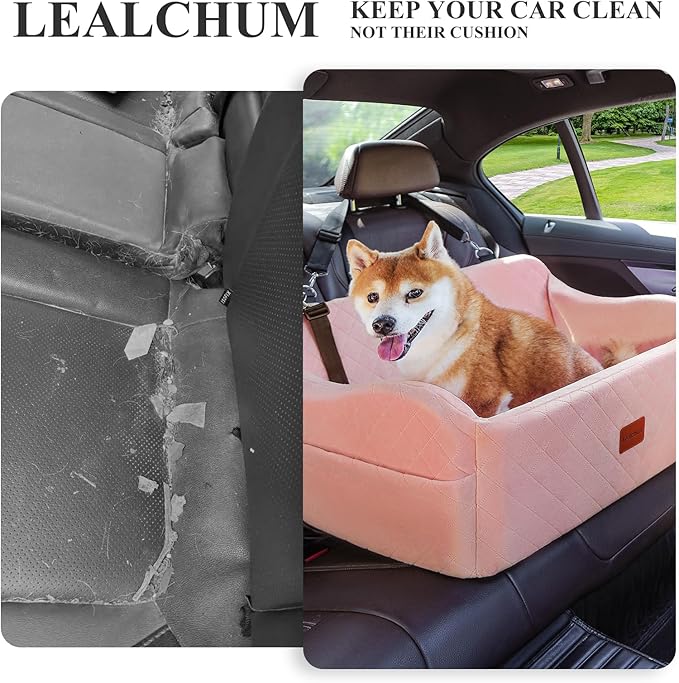 Lealchum Dog Car Seat for Medium/Large Dogs,2 Clip-On Safety Leashs for 2 Small Dogs,Removable and Washable Comfy Pet Car Seat,Easy to Install and Clean (Pink, Large)