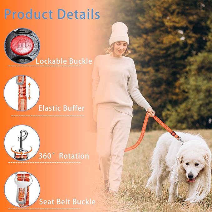 Seyezo 3-Piece Dog Car Harness Set - Retractable, Adjustable, Reflective Dog Seatbelt for Vehicle Headrests, Heavy Duty & High Elastic, Orange