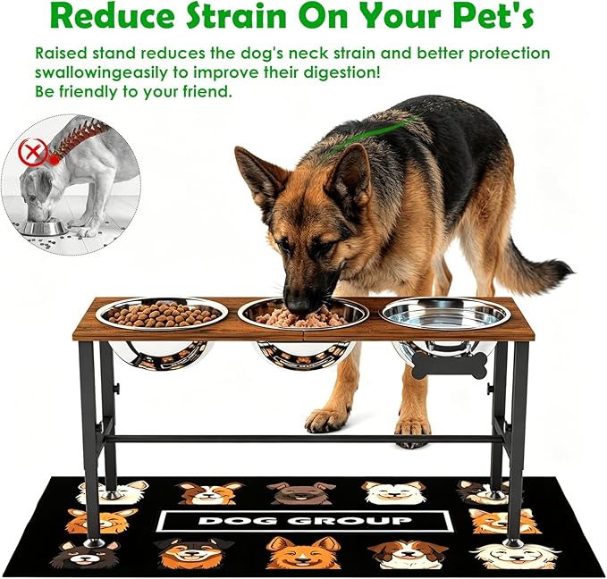 SHAINFUN Adjustable Height Elevated Dog Bowl Stand for Large & Extra Large Dogs – Wooden Raised Dog Bowls with Three 101oz Stainless Steel Bowls & Mat, Stainless Steel Food & Water Station