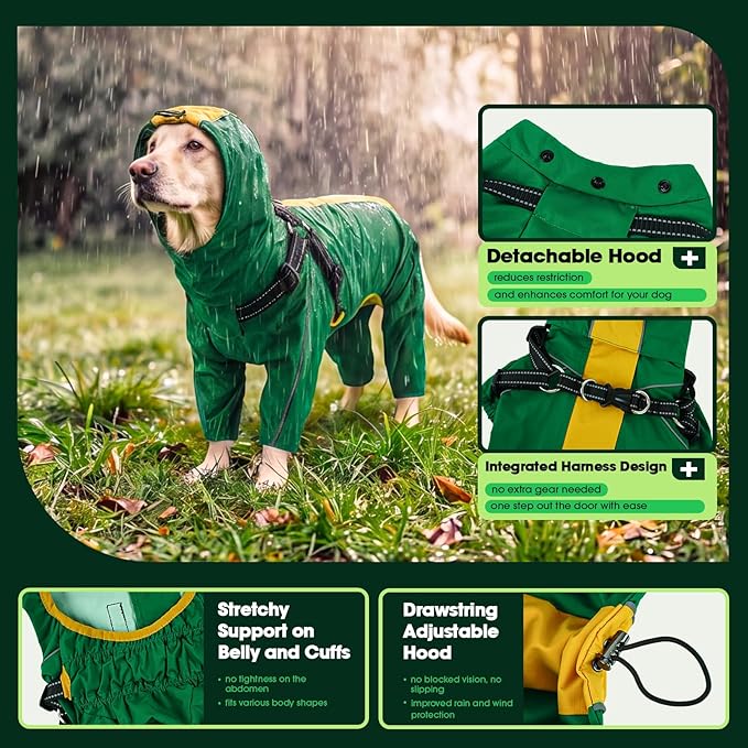 Lelepet Large Dog Raincoat, Rain Jacket Dog with Harness, Waterproof Reflective Coat with Adjustable Detachable Hood, Elastic Waist Zipper Hook and Loop Pet Raincoats, Green, XXL