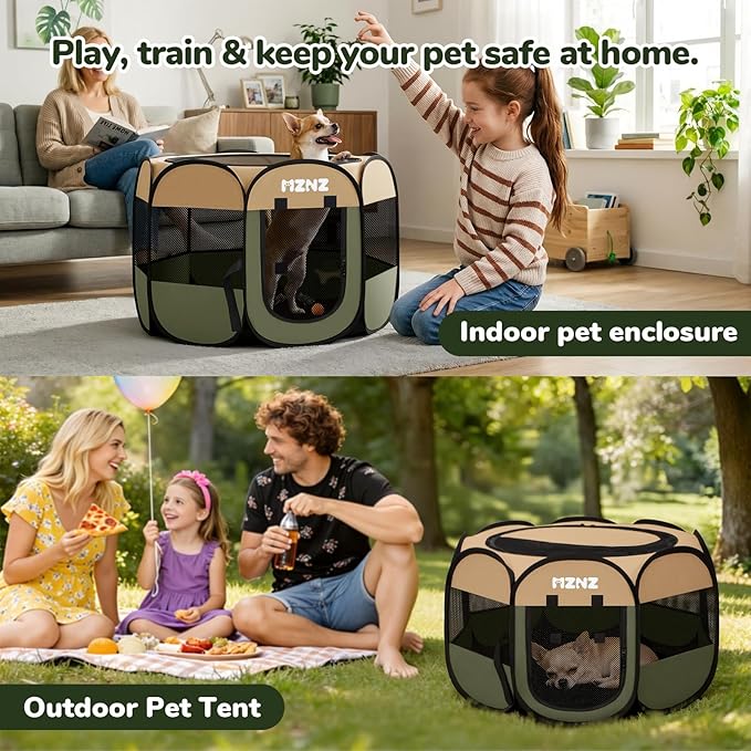 Dog Cat Playpen, Portable Small Animal Playpen Crate Indoor for Dogs Cats Rabbits, Foldable Guinea Pigs Bunny Cage Enclosure Outdoor, Pop Up Dogs Cats Tent Kennel with Carrying Case, Olive Green