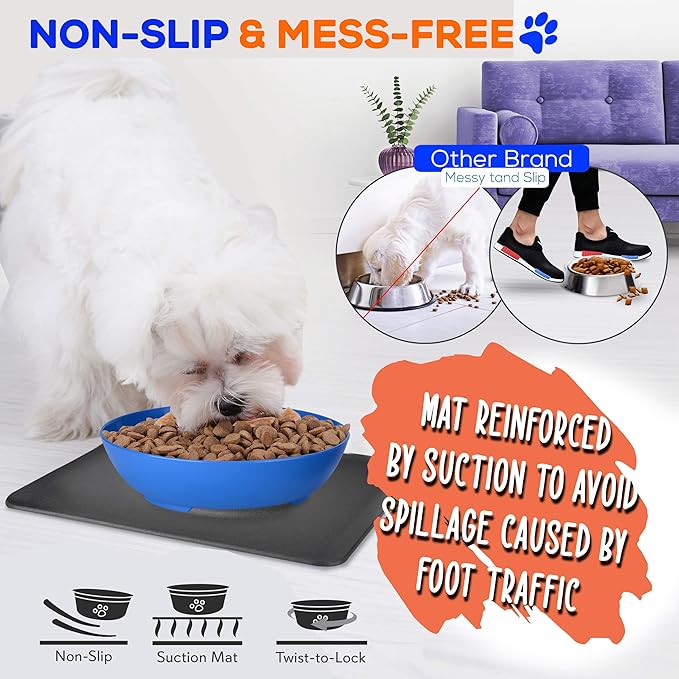 SereneLife Flip Spill Proof Set-Interlocking Non Skid Pet Puppy Cat Dog Mat-Twisty Dish Food/Water Bowl for Mess Free Feeding SLTDG6, Medium, Blue (SLTDG66)