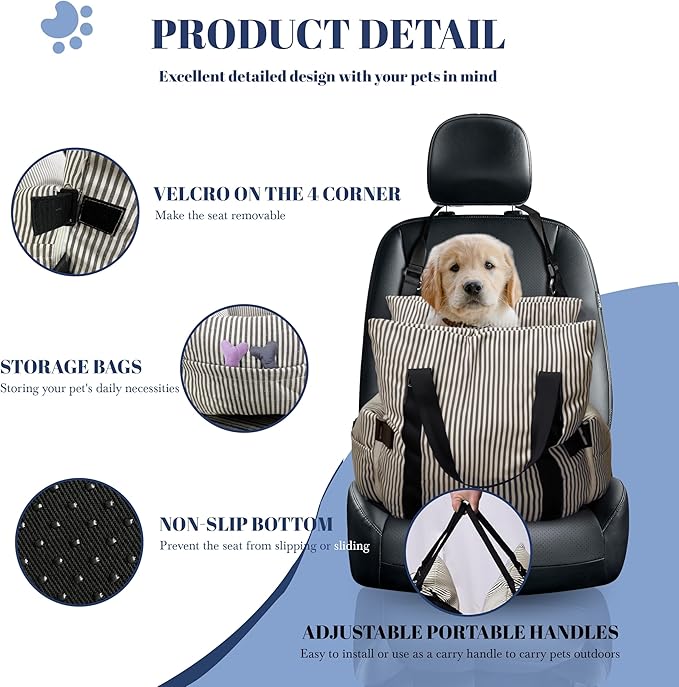 Versatile Dog Booster Car Seat Bed for Small Dogs Puppy Cats Pet Carrier with Side Pockets, Expandable Dog Bed Auto, Brown Stripes