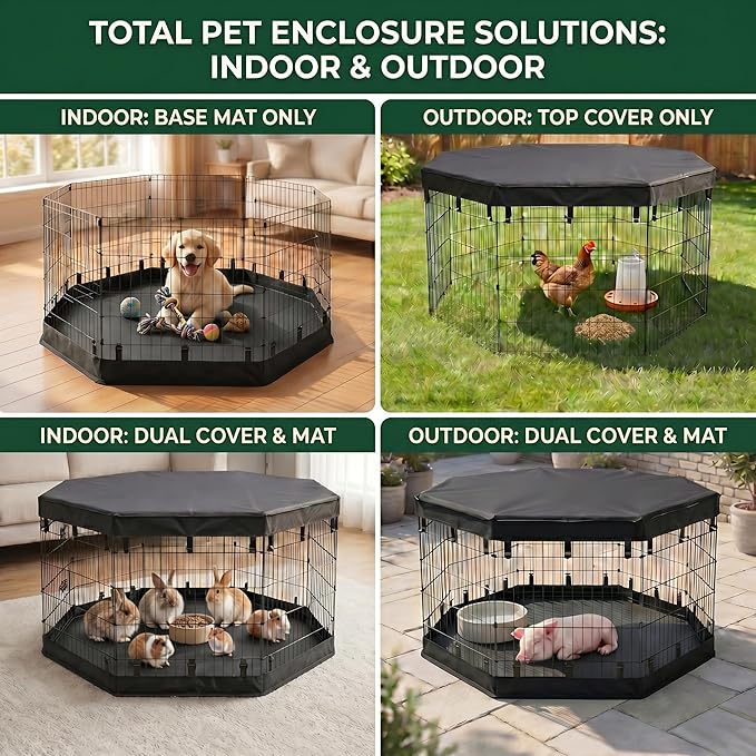 PJYuCien 2-in-1 Octagonal Dog Playpen Pad, 24" Side Waterproof Bottom Liner Escape-Proof Top Cover, 600D Oxford with Snap Hooks for Puppy Small Animals, Black