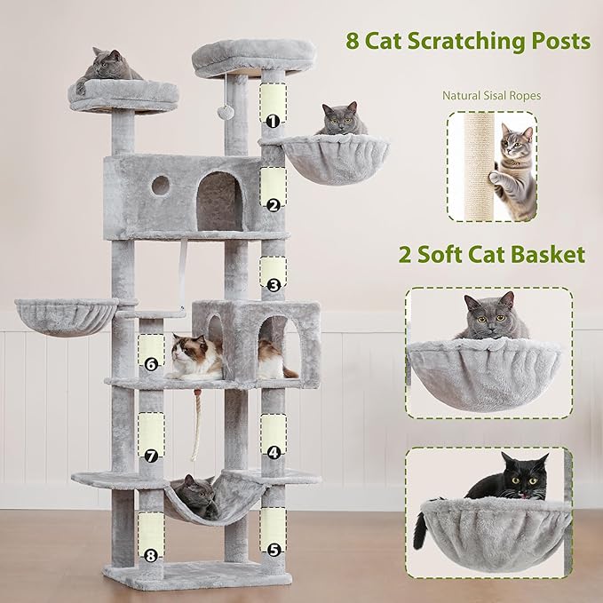 Gitelsnour Tall Cat Tree, Large Cat Tower for Adult Cats, 80.7'' (205cm) Heavy-Duty Cat Tree House for Indoor Cats 20 lbs+ with Scratching Posts, 2 Top Perches/Condos, Hammcok, Light Gray GCT034W