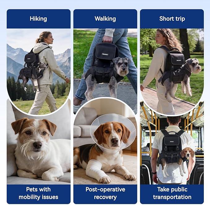 Dog Backpack, 3 Use Ways Spine-Friendly Dog Carriers for Small Medium Dogs, Legs Out Pet Carrier with Safety Straps, Buckle Support, Comfort for Travel, Hiking, Biking, Small
