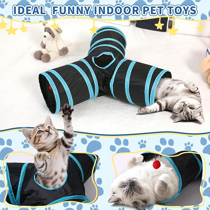 Pet Cat Tunnel, Y-3 Way Tunnels for Indoor Cats, Collapsible Pet Tunnel for Kitten, Puppy, Rabbit, 25cm-Wide Tunnels, Durable & Breathable, with Peek Hole Toy Ball