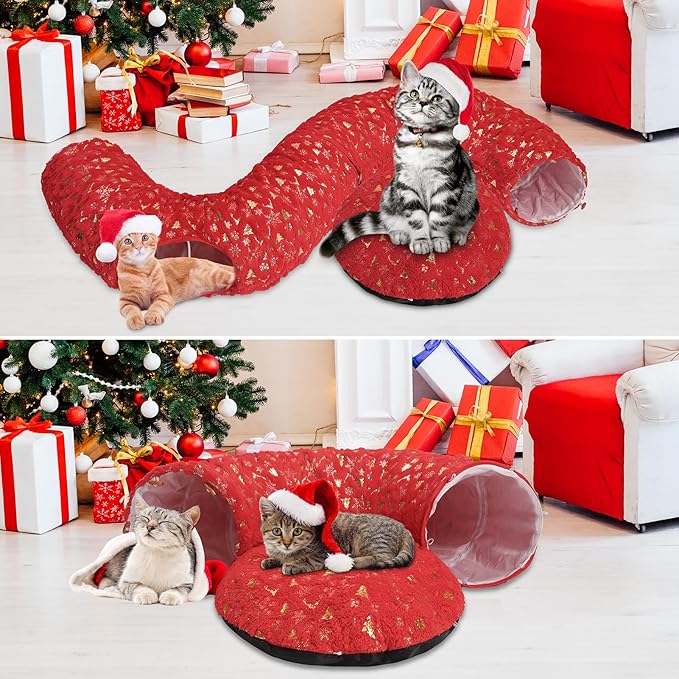 Homimp Christmas Cat Tunnel for Indoor with Bowtie, Cat Christmas Tree Large Tube Playground with Washable Circle Cushion and Plush Ball Toy, Round Pet Peekaboo Cave Toy for Kitten/Puppy/Rabbit,Red