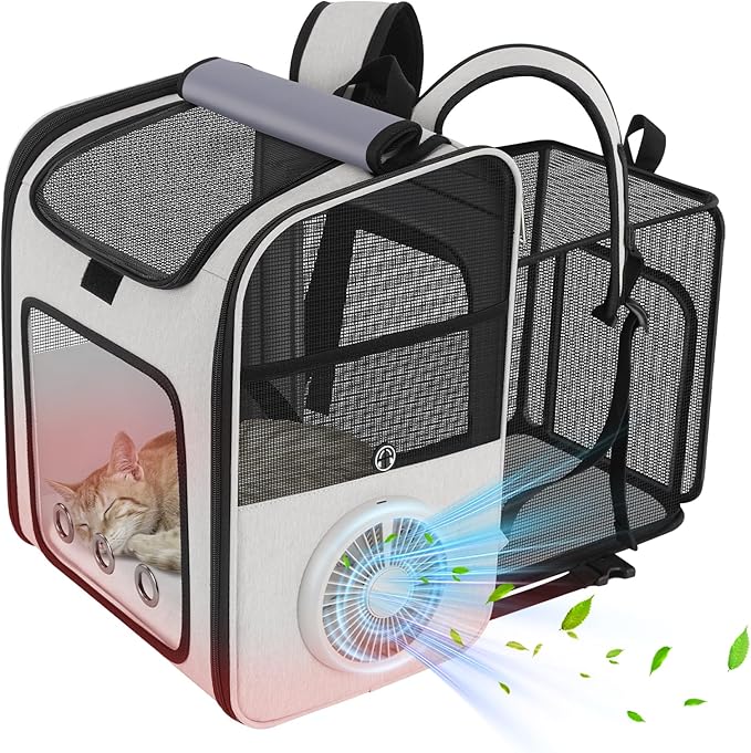Cat Backpack Carrier with Cooling Fan & Heating Pad, Expandable & Breathable Pet Backpack for Cats & Small Dogs, Travel Carrier for Hiking, Vet Visits, Grey