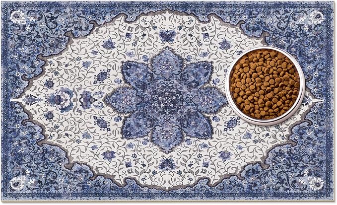 Boho Dog Feeding Mat, Absorbent Cat Matt for Food, Non Slip Pet Water Bowl Placemat Small for Floor, Cream & Dark Blue Indoor Dog Eating Dish Mat 12"x20"