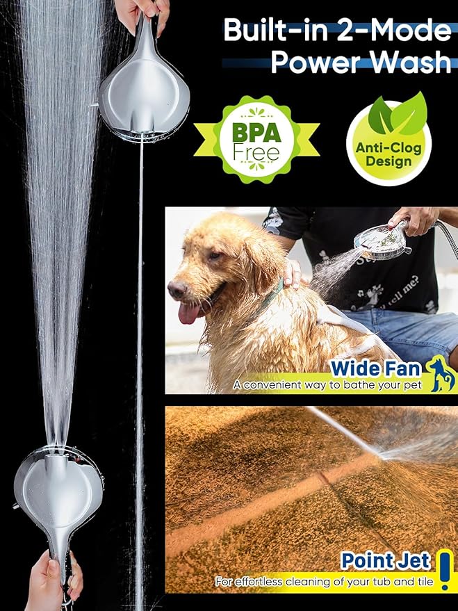 Pavezo® High Pressure Shower Head Handheld 5" Large, Extra Long 60" SS Hose 10-mode Portable Detachable Shower Head with Hard Water Filter, Anti-clog & Powerful to Clean Tile & Pets, Chrome