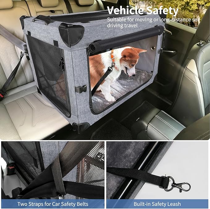 NEZUC Soft Collapsible Dog Crate - 36 Inch Portable Soft Sided Travel Dog Crates for Large Dogs, 4-Door Foldable Dog Carrier, Pet Kennel Indoor & Outdoor (Gray, 36.0" L x 22.0" W x 22.0" H)