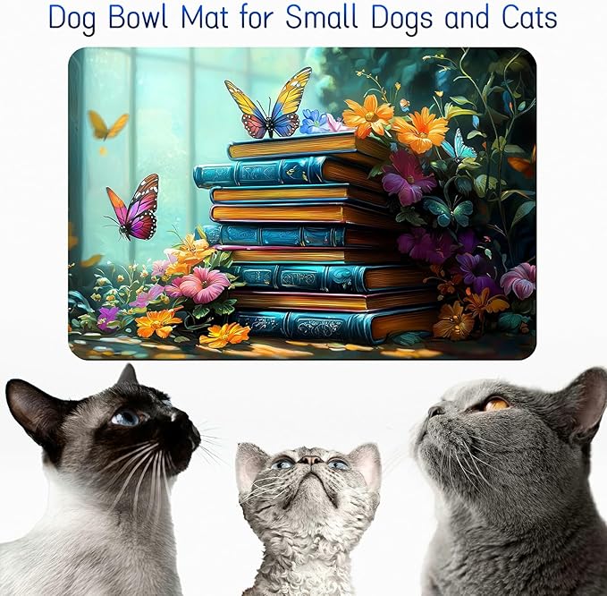 Dog Food Mat, 15.7" x 23.6" Absorbent Pet Feeding Mat for Food and Water, Waterproof Diatom Mud Pet Placemat with Non-Slip Rubber Backing, Cat Bowl Mat for Floors - Book Butterfly Flowers