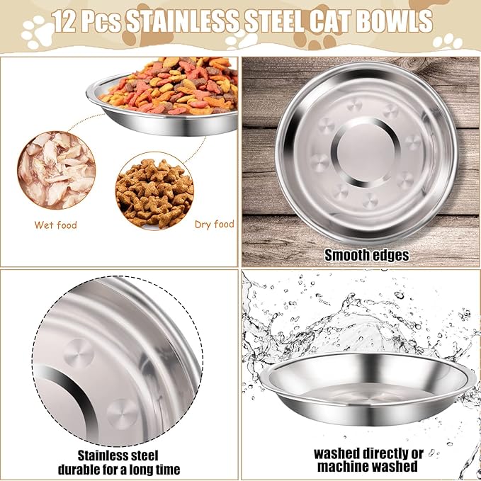 24 Pcs Stainless Steel Cat Bowls Shallow Pet Dish Food Replacement Whisker Relief Cat Water Dish for Small Dogs and Cats