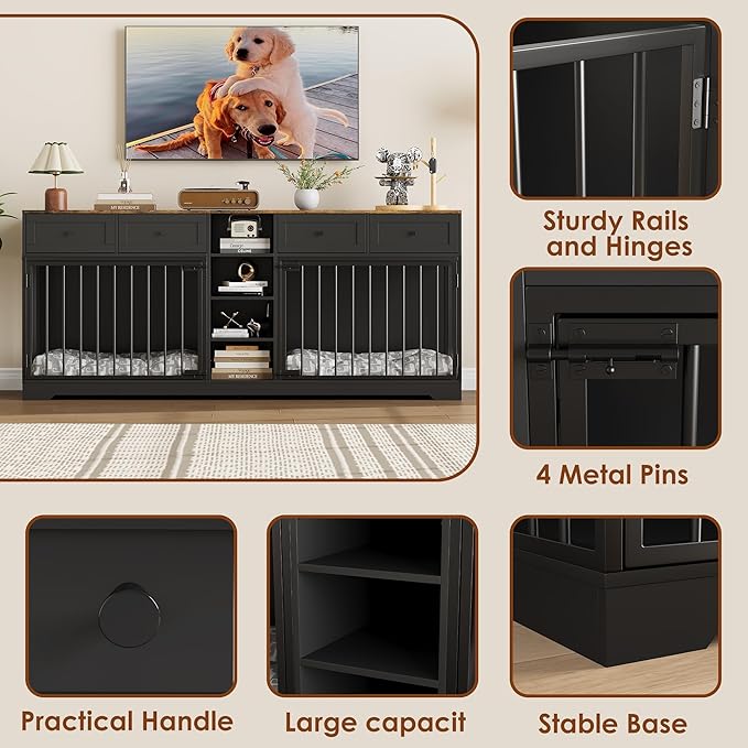 IDEALHOUSE 82" Large Dog Crate for 2 Dogs, Dog Kennel Indoor with 4 Drawers and Shelves, Double Dog Crate Furniture TV Stand, Wooden Dog Cage for Medium Large Dogs, Black