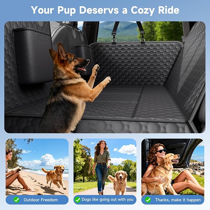 Dog Car Seat Cover for Back Seat Waterproof Oxford Fabric, Hard Bottom Seat Extender, Scratchproof, Anti-Slip, Dog Hammock for Car with Mesh Window, Fit Full Size Truck, Black