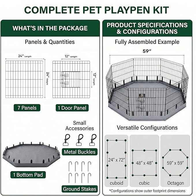 PJYuCien Octagonal Dog Playpen with Bottom Pad - Metal Foldable Exercise Pen, 8 Panels 24" H x 24" W Indoor Outdoor Pet Fence Puppy Crate Kennel, Gray