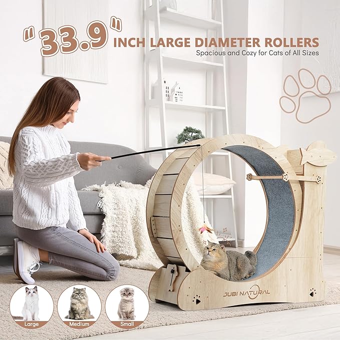 Cat Exercise Wheel, 33.9" Cat Running Wheel for Indoor Cat with Cat Scratching Board and Teaser Toy, Cat Treadmill Wheel with Locking Mechanism, Cat Exercise Wheel - Cat's Weight Loss and Health