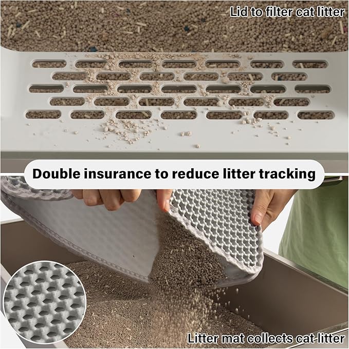 XL Stainless Steel Litter Box with Lid, Extra Large High Sided Metal Cat Litter Box with Mat and Scooper, Easy Clean, Non Stick & No Smell,2pack
