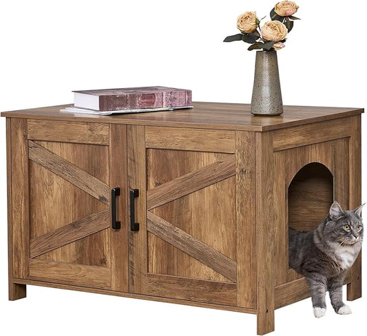 Homhedy Cat Litter Box Enclosure, Wooden Cat Washroom Furniture with Barn Door, Pet House, Fit Most of Litter Box, Rustic Walnut