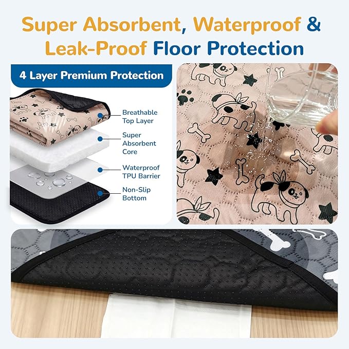 BAEJMJK Washable Dog Pee Pads 4-Layer Super Absorbent Puppy Training Pads Waterproof Non-Slip Leak-Proof Reusable Mats for Potty, Crate, Playpen & Travel(28"x40",Coffee & Gray 2-Pack)