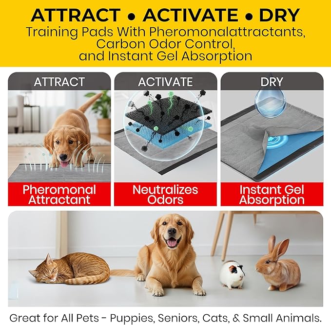 Glad for Pets Black Charcoal Puppy Pads - 6-Layer Leak-Proof Construction, Activated Carbon Odor Control, Pheromone Attractant - Disposable Dog Pee Pads for Potty Training, 23 x 23 in, 100 Count