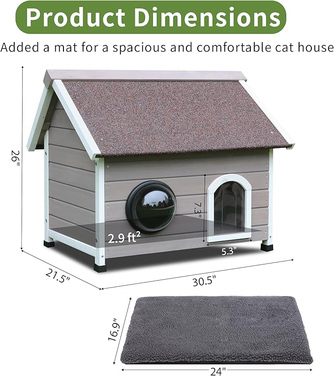 Rockever Outdoor Cat House, Waterproof Feral Cat House for Outdoor Cats with Escape Door and Clear Windows for 2 Cats(with Self Warming Mat)