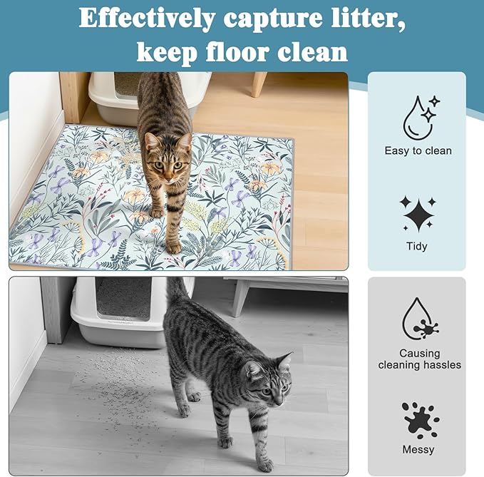 Bienbee Cat Litter Mat, 2PCS 33"x22" Machine Washable Litters Box Mats Non-Slip &Waterproof Cat Litters Trapping Mats Easy to Clean Mat for Litter Box Less Waste Protects Floors Green Leaves L