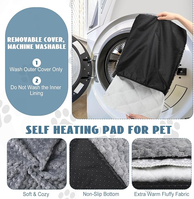 Drydiet 4 Pcs Self Heating Cat Pad Self Warming Cat Bed Dog Heating Pad Washable Thermal Pet Mat for Indoor Outdoor Pet 16 x 20 Inch Removable Non Slip(Gray)