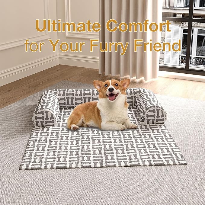 Orthopedic Dog Bed Mat for Large Dogs, Washable Sofa Protector Pet Bed with 3-Sided Bolster, Shredded Memory Foam & Plush Support, Non-Slip Bottom for Medium & Small Dogs (Grey)