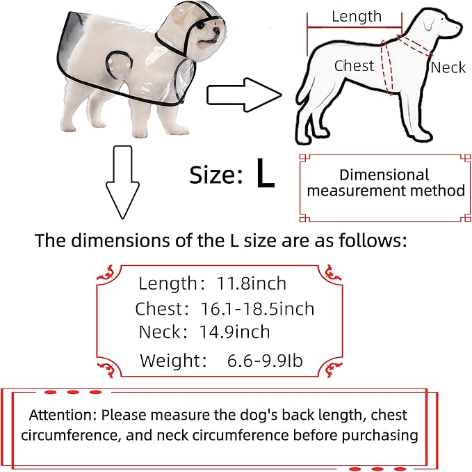 Transparent Dog Rain Poncho for Small Medium Dogs - Thick Waterproof Raincoat with Hidden Leash Hole & Adjustable Snaps, Windproof Hooded Cape for Bichon Poodle (Large)