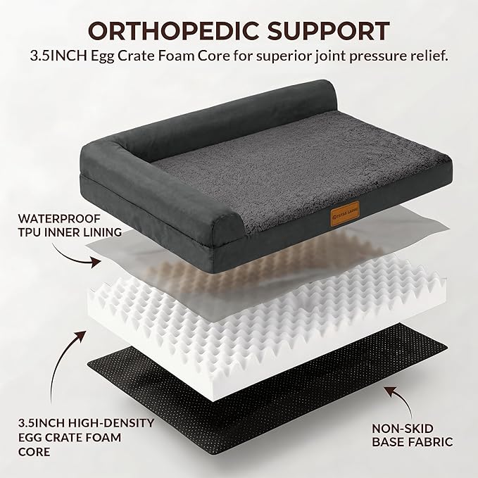 Patas Lague Orthopedic Dog Bed Medium Size Dog 30''X20'', Waterproof L Bolster Medium Pet Sofa Beds with Removable Washable Cover, Soft Comfortable Pet Couch Crate Mat with Nonskid Bottom, Dark Grey