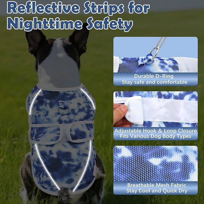 Dog Cooling Vest – Lightweight Pet Cooling Shirt 3D Breathable Mesh, Reflective Strips & UV Protection for Walking, Hiking, Park – Adjustable Fit Dog Cooler Jacket with D-Ring U-DCV04M