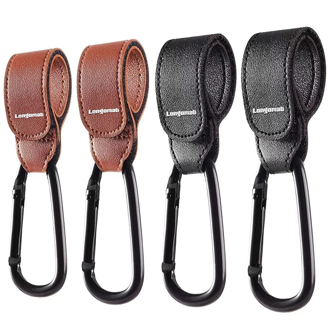 (4-Pack Baby Stroller Hooks Clip or Hanging Diaper Bag Universal Hooks Accessories for Stroller and Car or Shopping Cart Made of Aircraft Aluminum and Leather (Black and Brown)