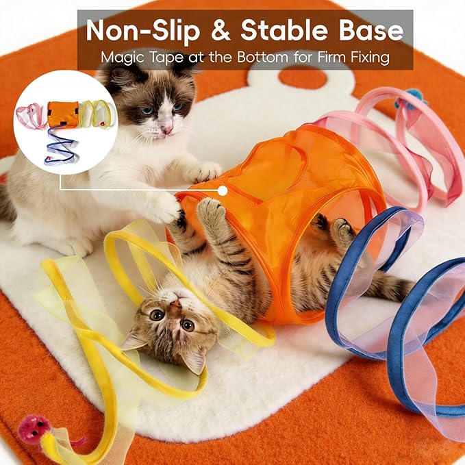 Cat Spring Toy-Spiral Cat Tunnel with 3 Realistic Mouse Decor, Retractable Elastic Spring Cat Toy for Indoor Cats
