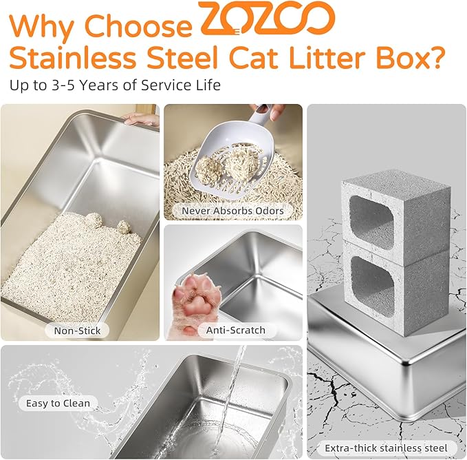 2 Pack Stainless Steel Cat Litter Box with Lid, 23.7" L x 15.8" W x 13.8" H XL Metal Litter Tray for Big Cats, High Sided Enclosure, Non-Sticky, Anti Urine Leakage, Easy Cleaning